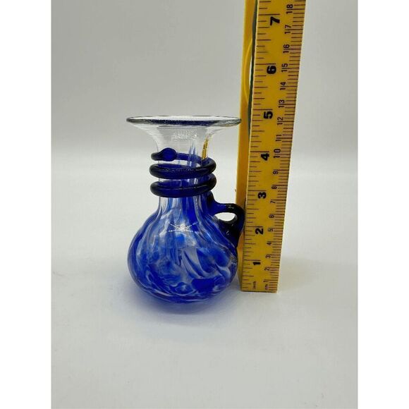 Murano Style Glass Vase Hand Blown w/ Handle 5” Blue - Picture 9 of 9